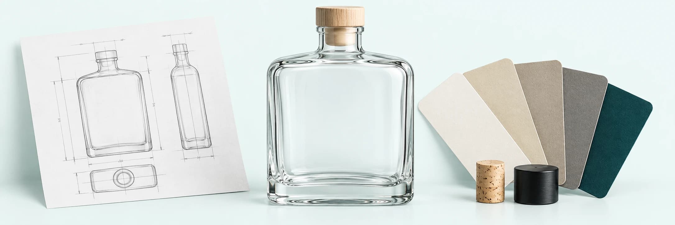 Custom spirits bottle with technical bottle drawings, packaging color swatches and closures