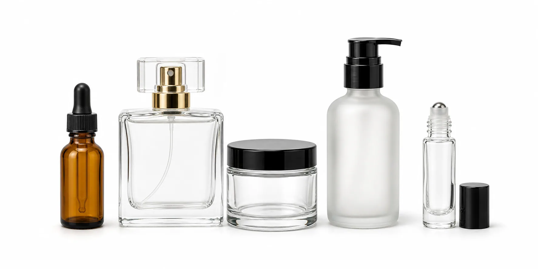 Illustrative beauty & personal care glass packaging arrangement