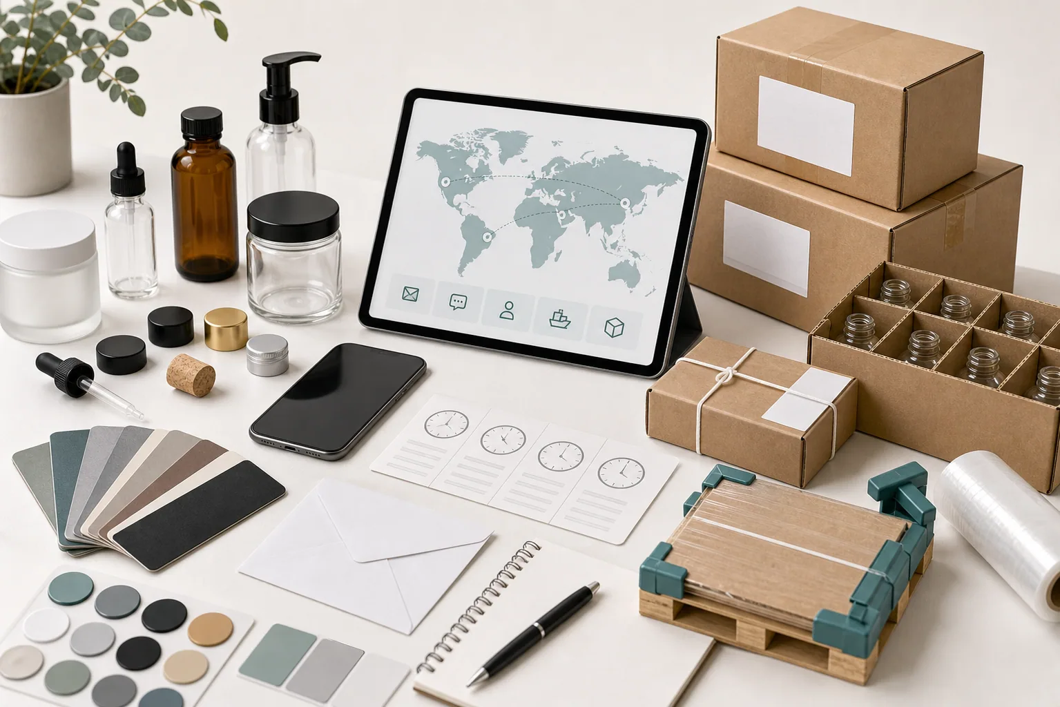 Illustrative inquiry and shipping-planning scene with bottles, jars, a tablet and protective packing