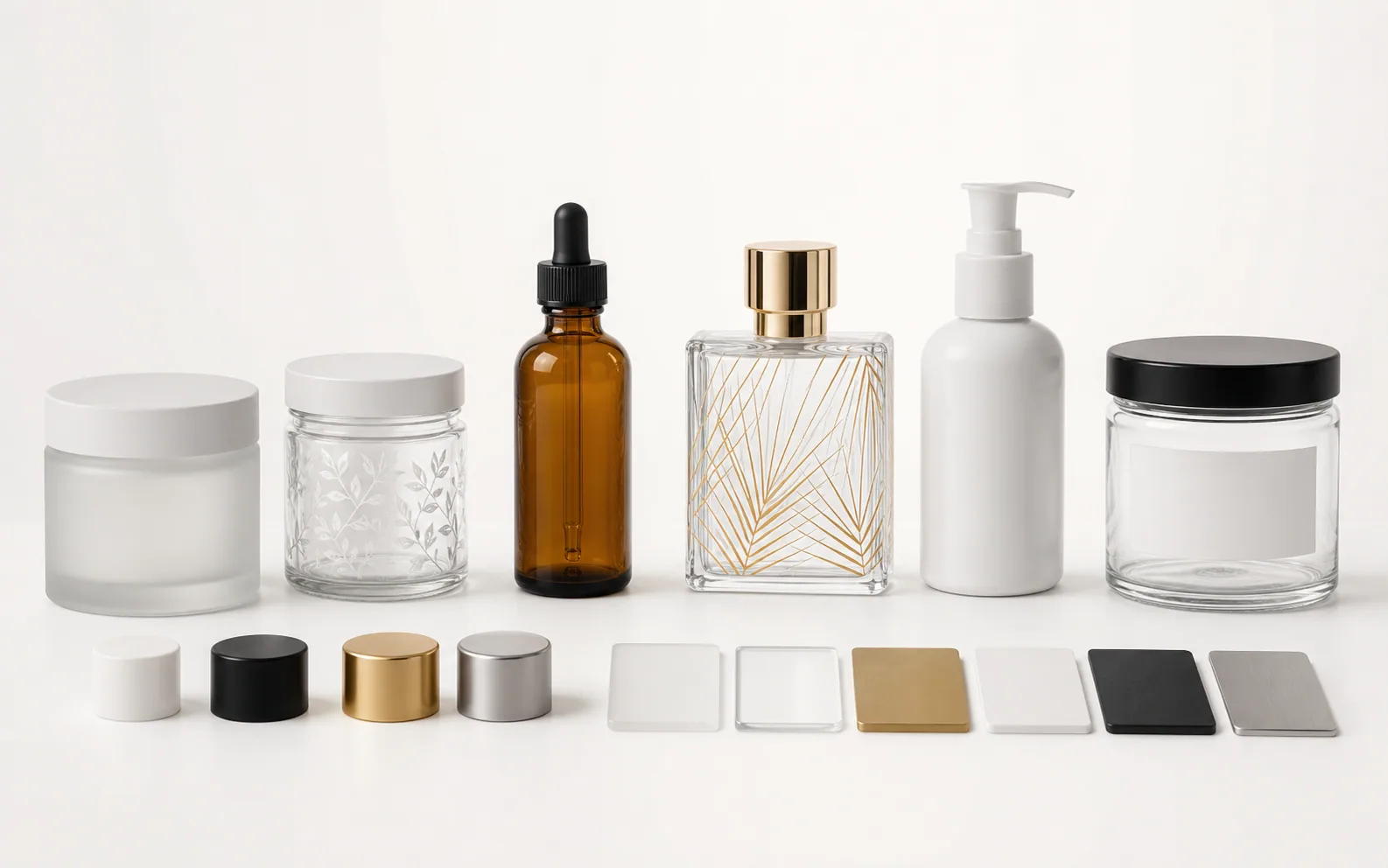 Illustrative lineup of six decorated bottles and jars with caps and flat color swatches