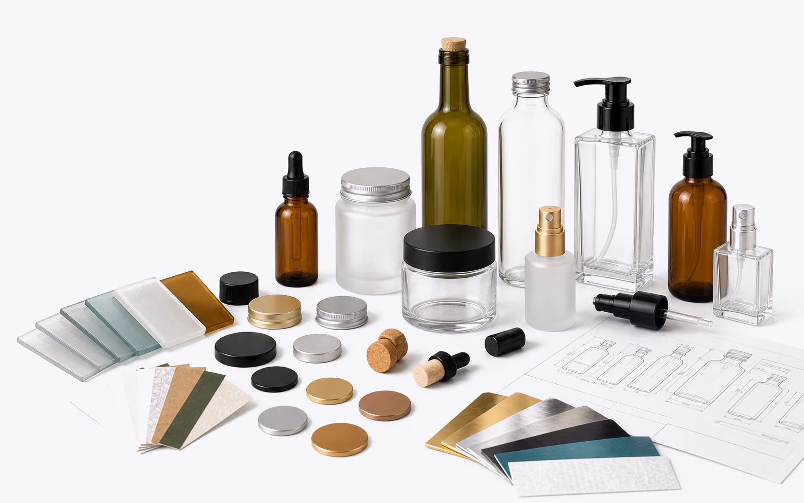 Illustrative arrangement of bottles, jars, caps, color swatches and container drawings