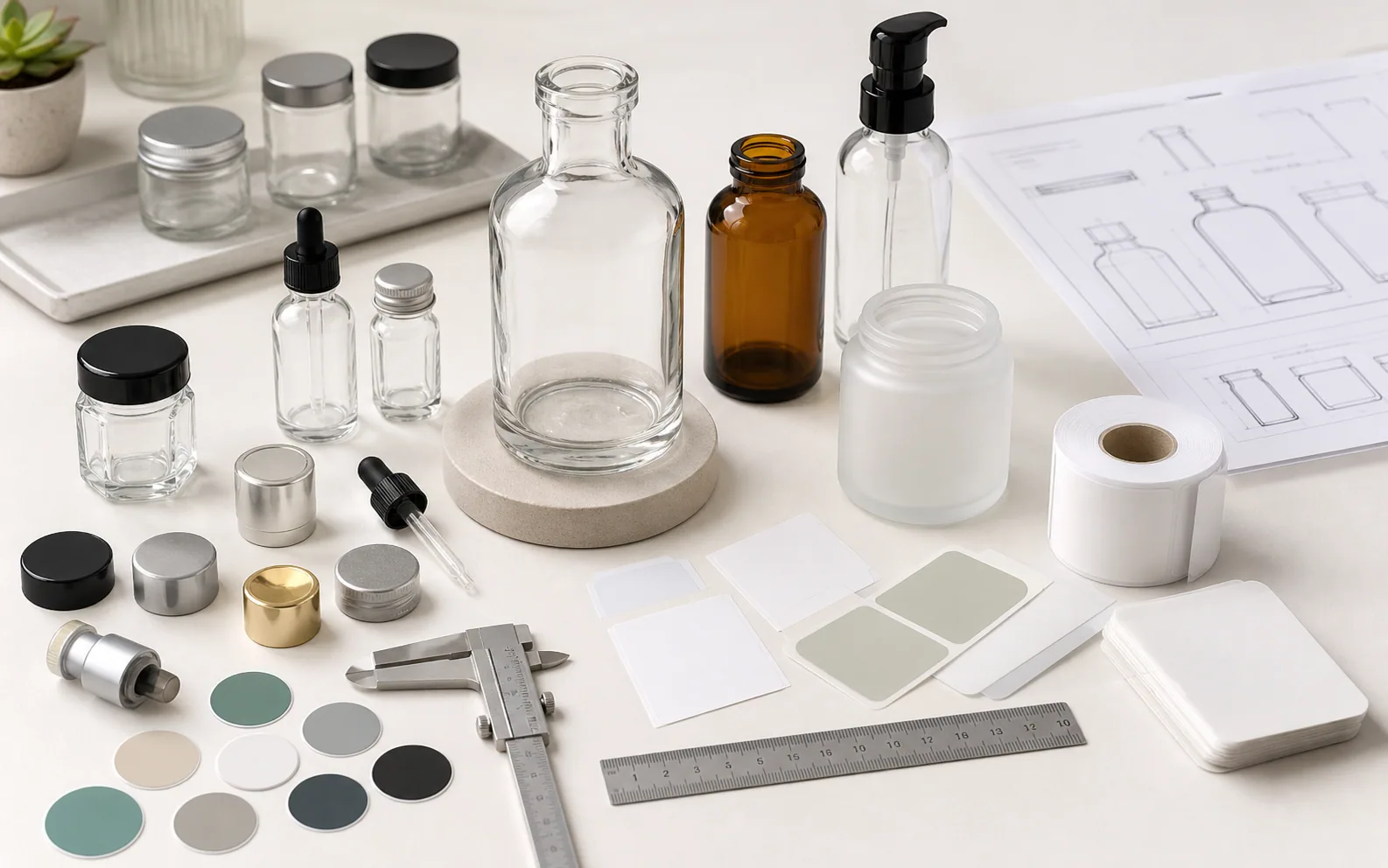 Glass packaging sample approval with bottles, caps, labels, swatches and measuring tools