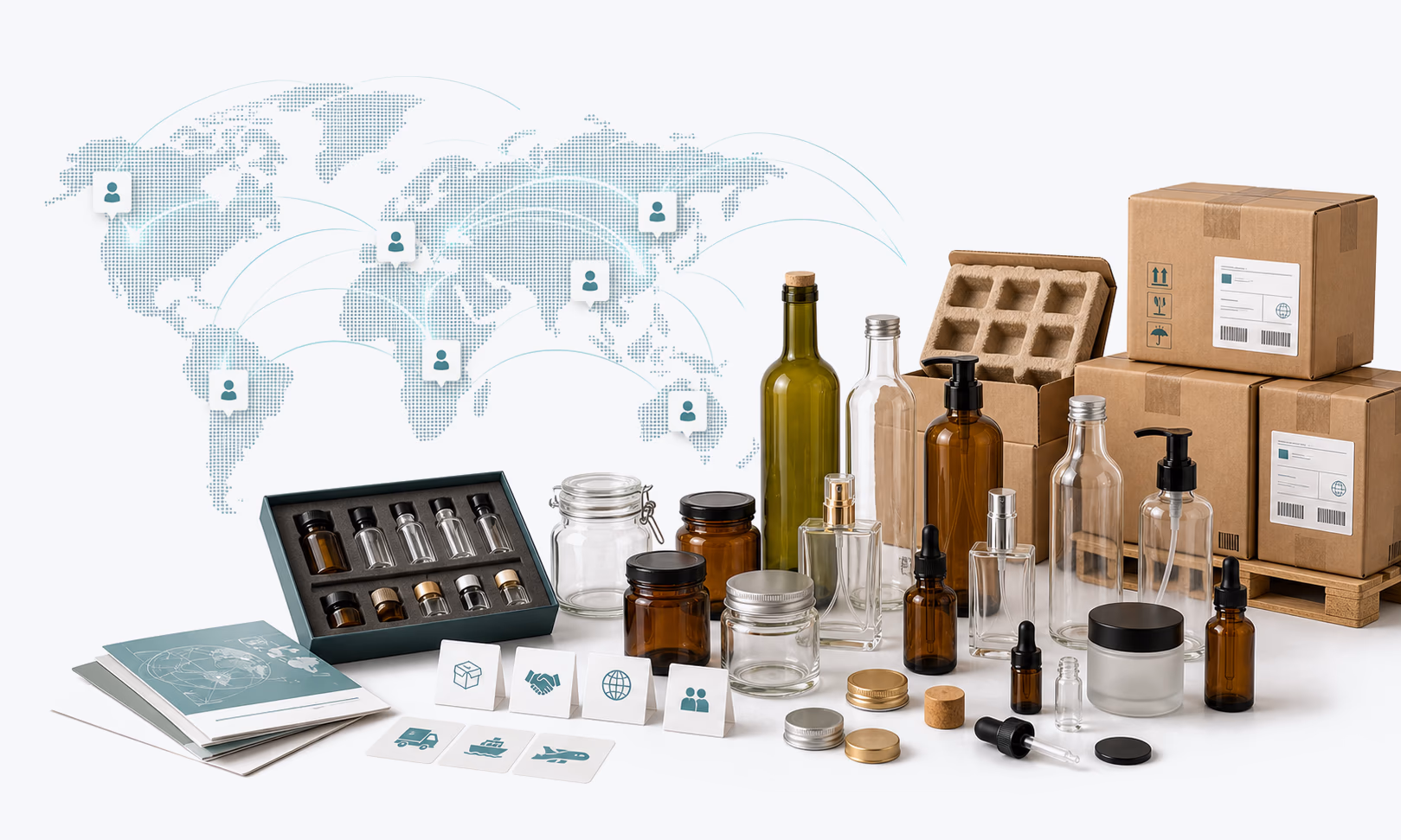 Illustrative arrangement of glass bottles, jars, packing materials and a world map