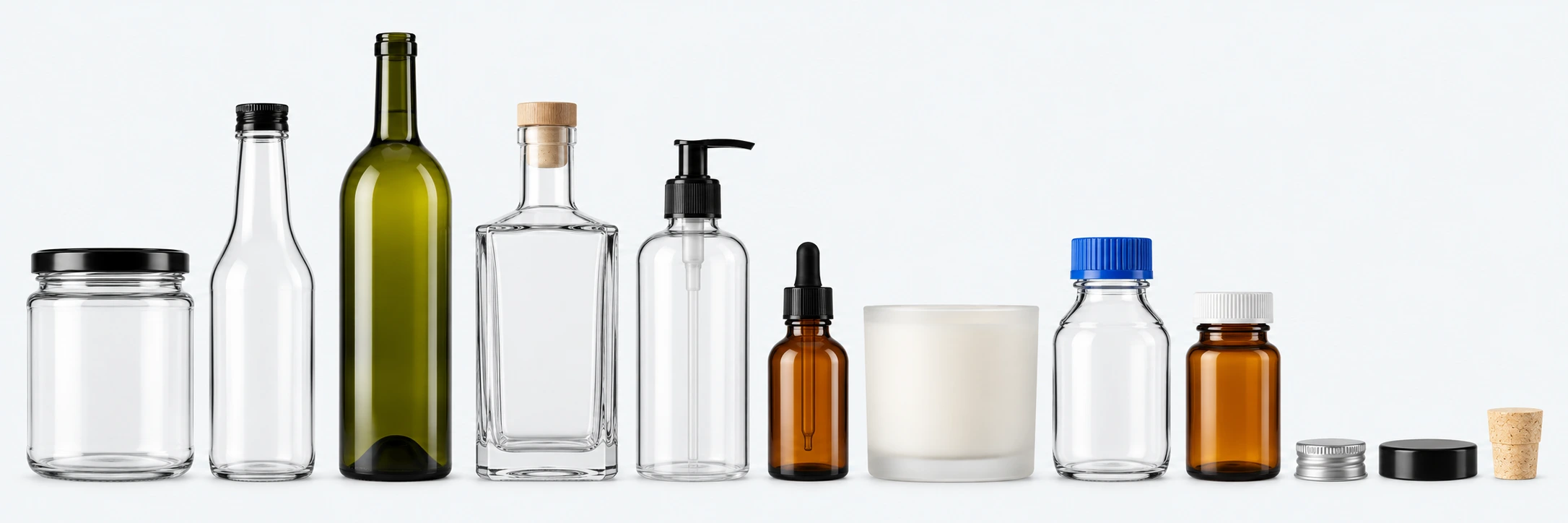 A lineup of food jars, sauce and spirits bottles, skincare packaging, a candle vessel, laboratory and pharmaceutical bottles, caps and a cork