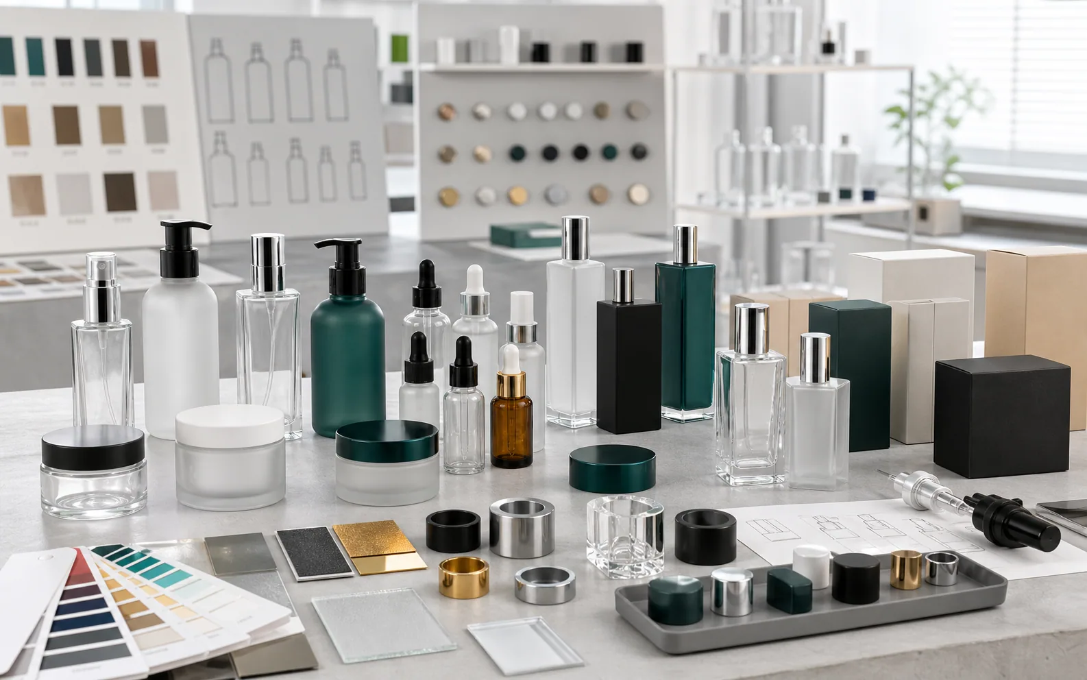 Illustrative arrangement of bottles, jars, pumps, droppers, caps, color swatches and packaging designs