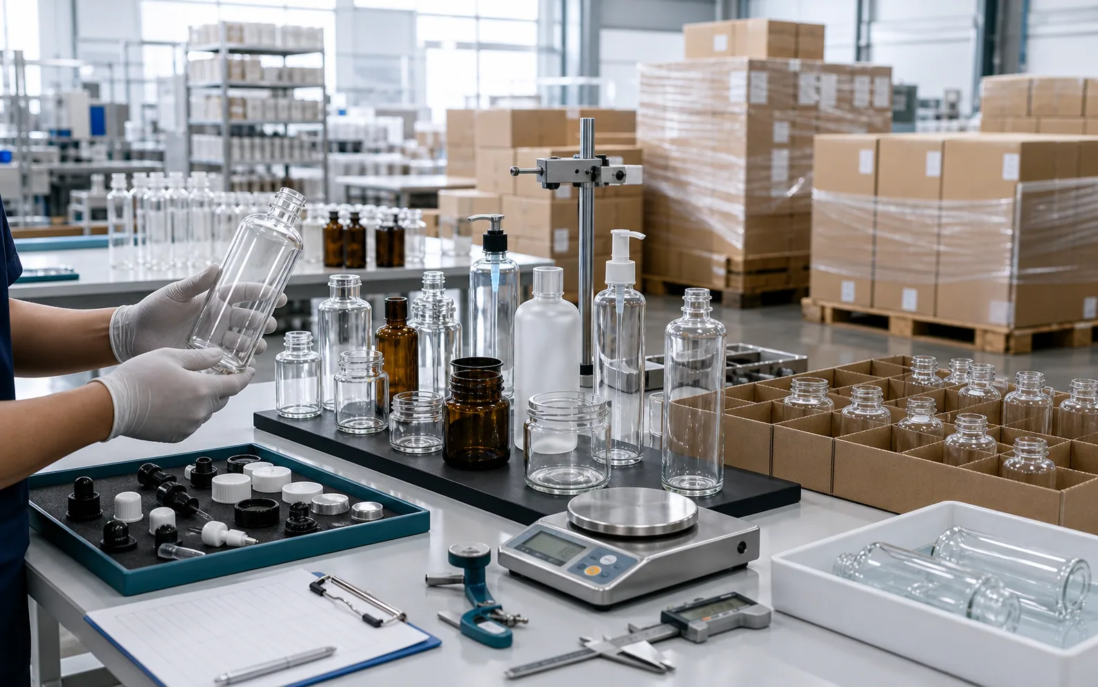 Illustrative inspection and packing scene with glass containers, measuring equipment, cartons and pallets