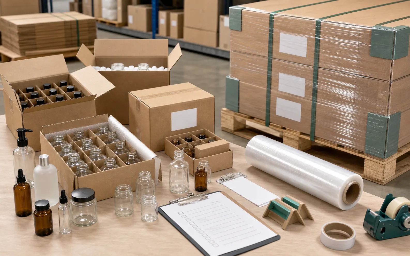Illustrative protective-packing scene with glass containers, divided cartons and a wrapped pallet