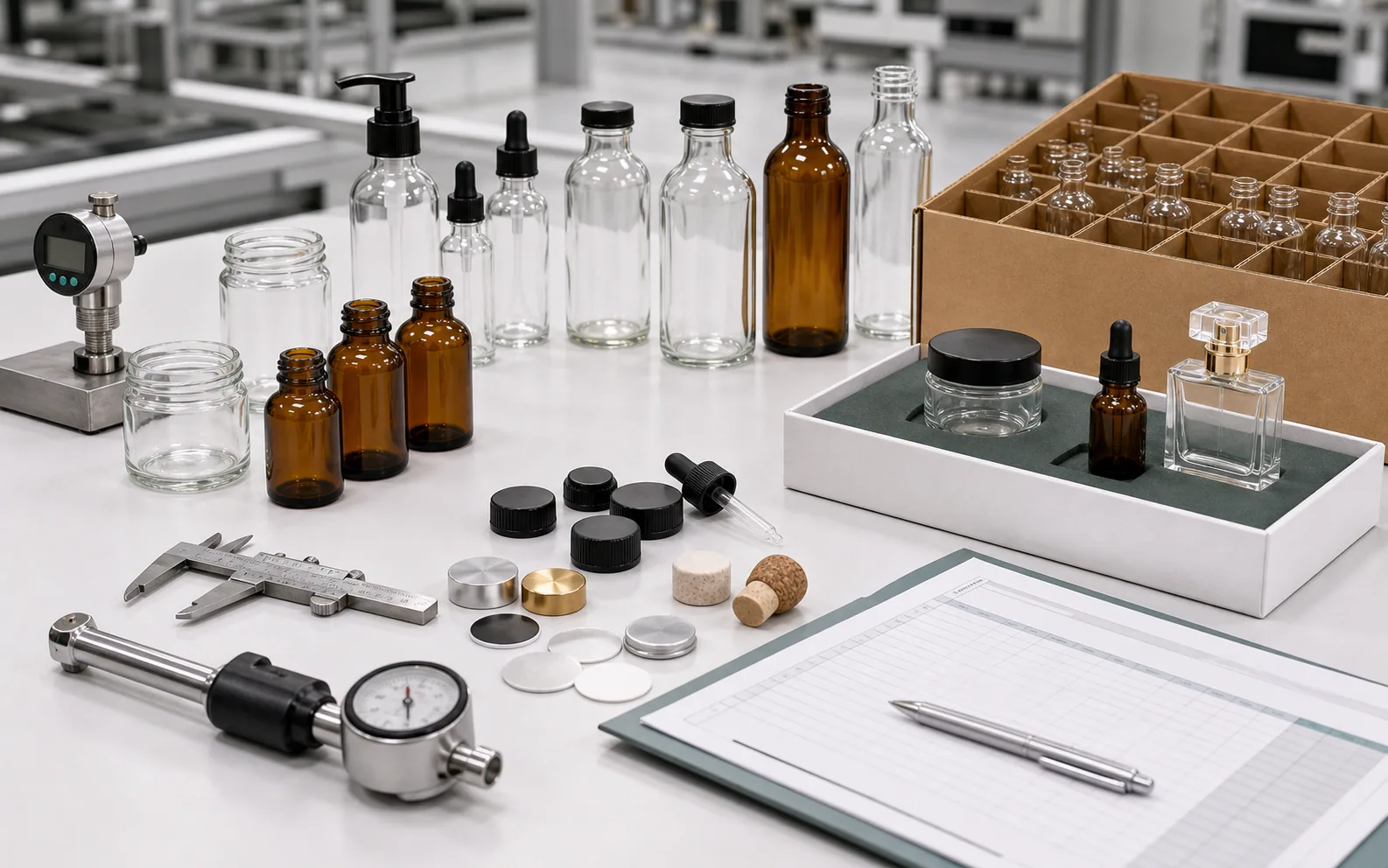 Illustrative inspection scene with glass containers, caps, gauges, packing and a checklist