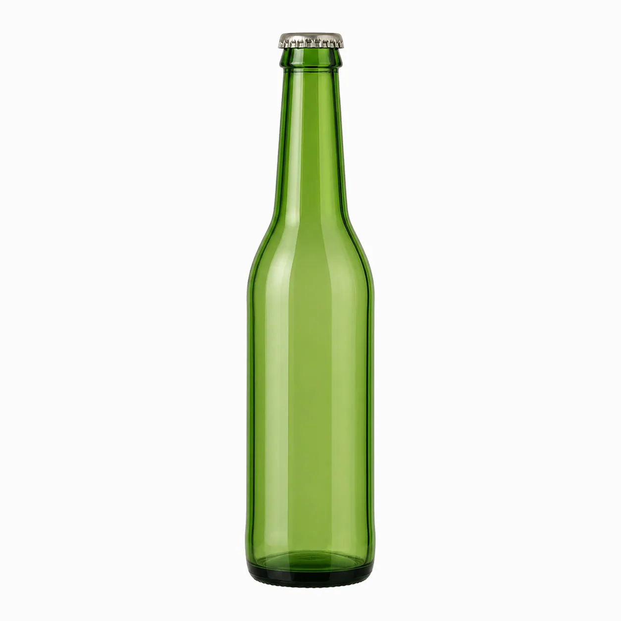 Representative green glass bottle with a crown-style cap