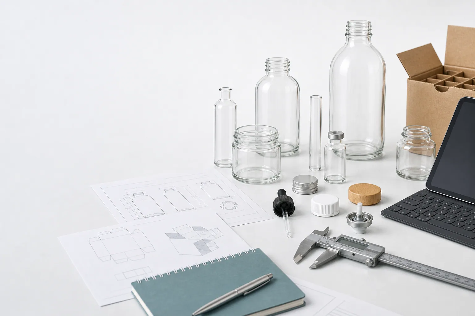 Glass packaging workbench with bottles, jars, closures, drawings and measuring tools